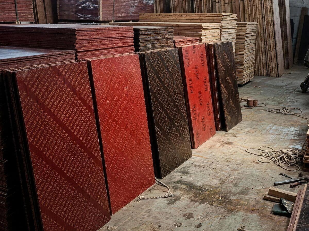 Godown stacked with film-coated shuttering plywood sheets in Lahore