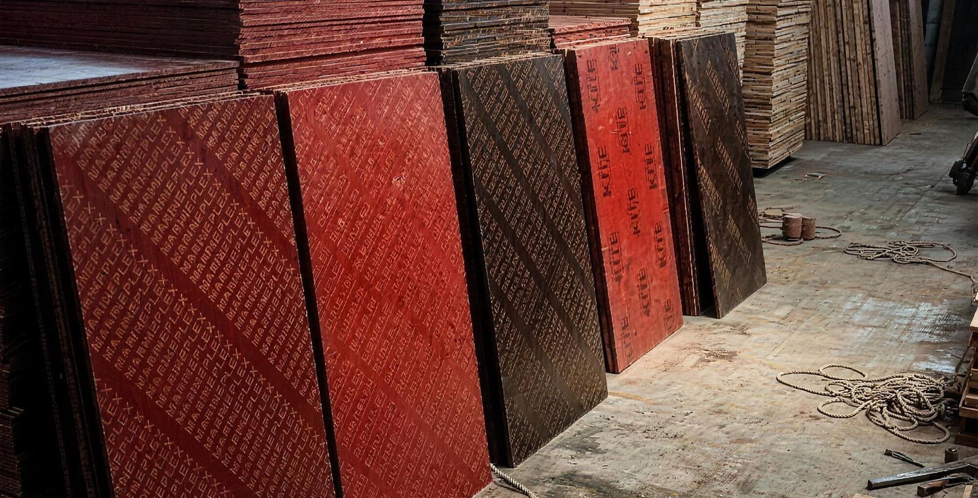 Film-coated shuttering plywood stacked in the Lala G godown, Lahore